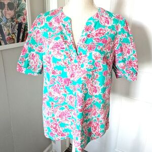 J Crew Floral Cotton Poplin Popover‎ Top Puff Sleeve Women’s Turquoise Teal Pink